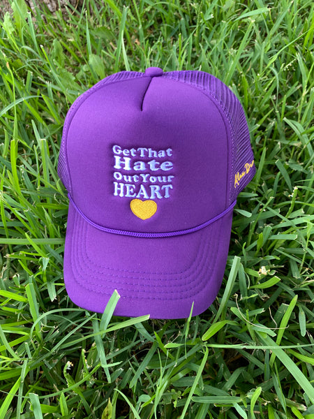 Get That Hate Out Your Heart Trucker Hat (purple and white)
